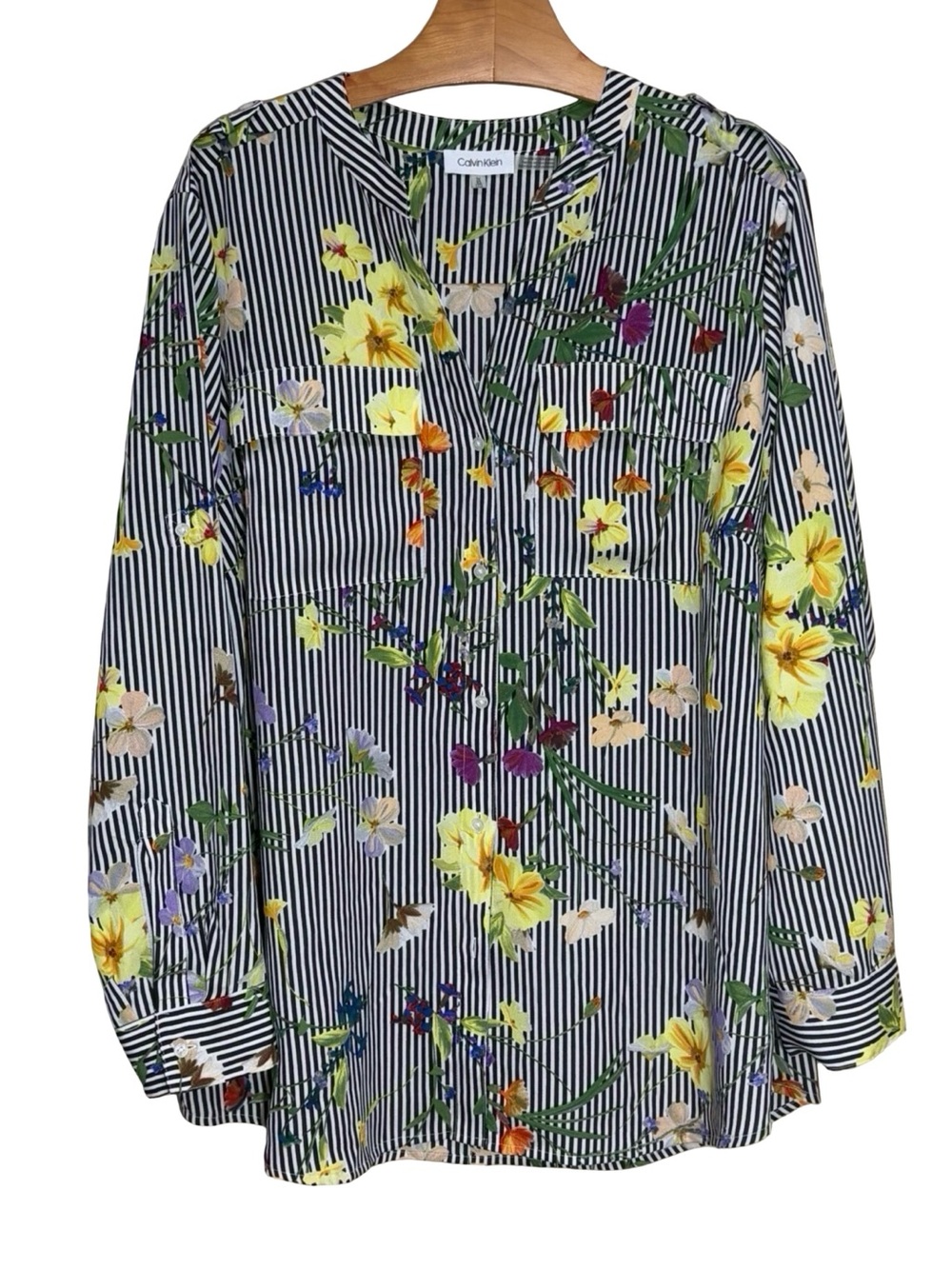 Calvin Klein Floral Stripe Blouse Roll Tab Sleeves Split Neck 1X